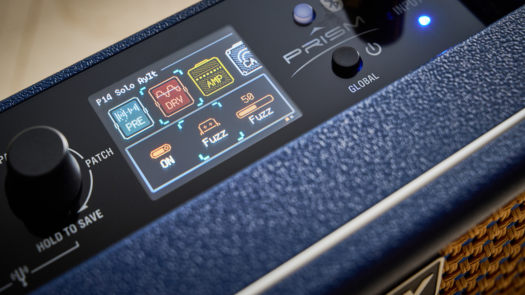 Close up of the screen on the Laney Prism Mini guitar amp