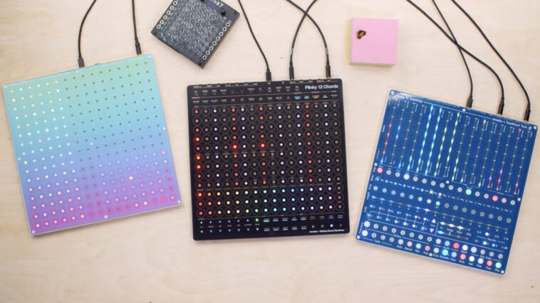 Plinky 12 is a versatile touch synthesizer featuring three interchangeable faceplates for various musical perspectives.]