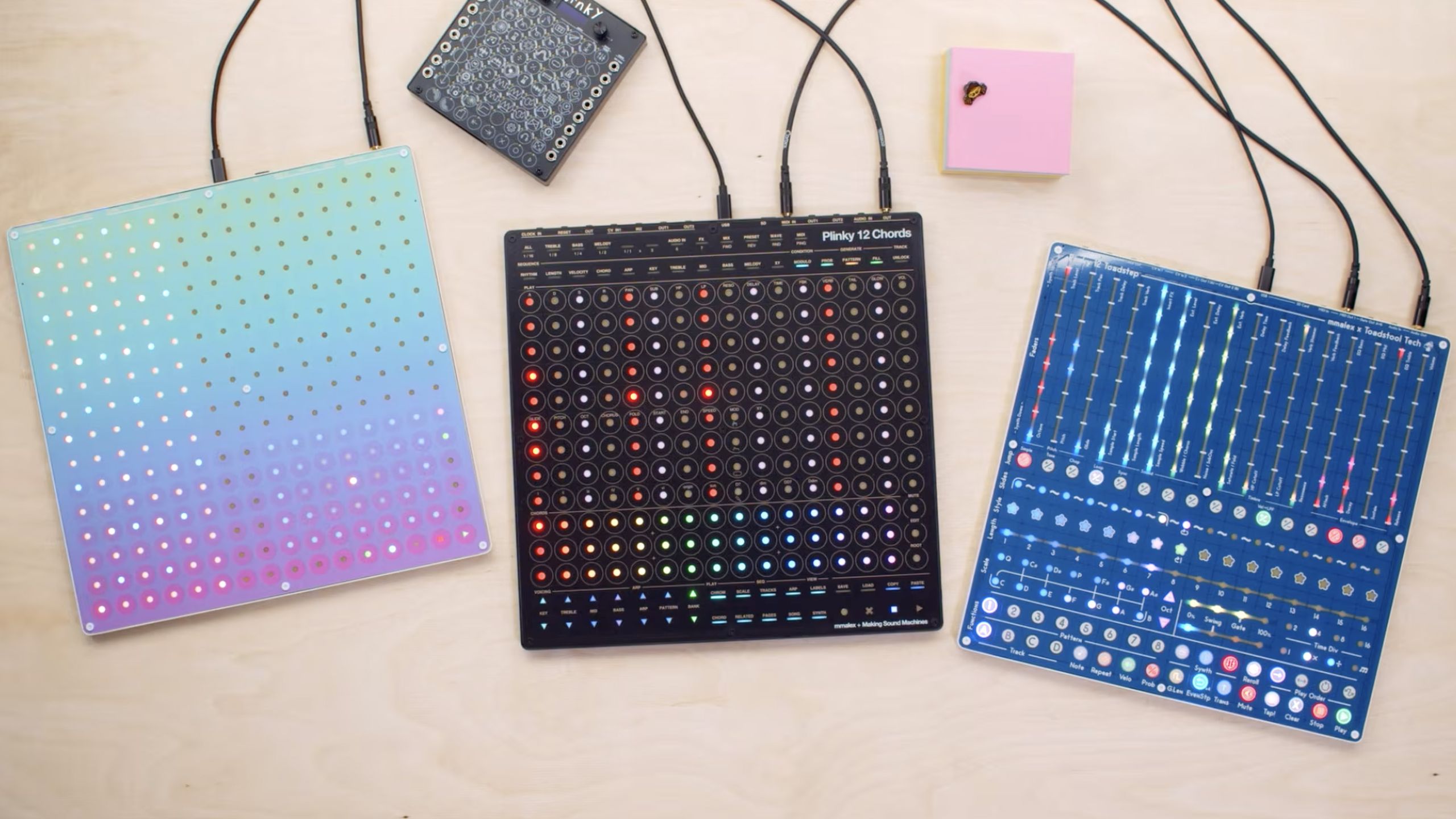 Plinky 12 is a versatile touch synthesizer featuring three interchangeable faceplates for various musical perspectives.]