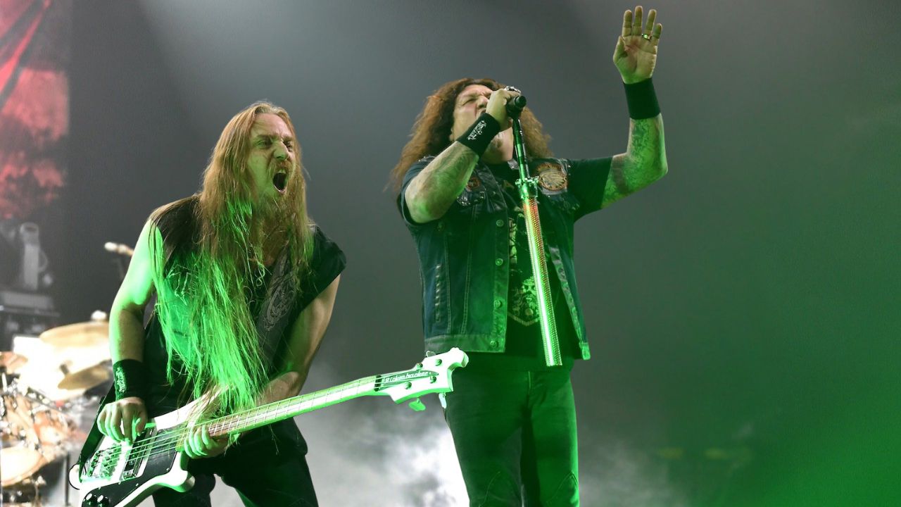 Bassist Steve DiGiorgio (L) and singer Chuck Billy of Testament perform at The Joint inside the Hard Rock Hotel &amp; Casino on March 26, 2016 in Las Vegas, Nevada.