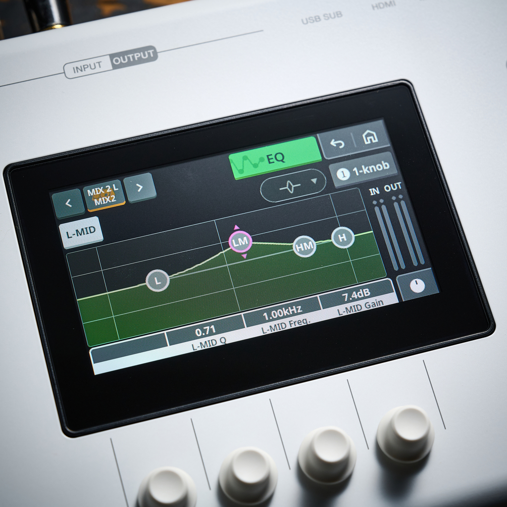 The touchscreen of the Yamaha URX44V audio interface