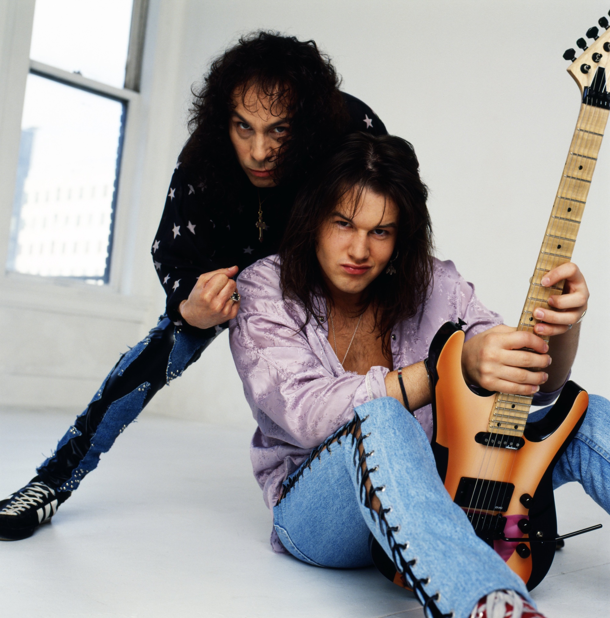 Ronnie James Dio (left) poses with guitarist Rowan Robertson on April 10, 1990