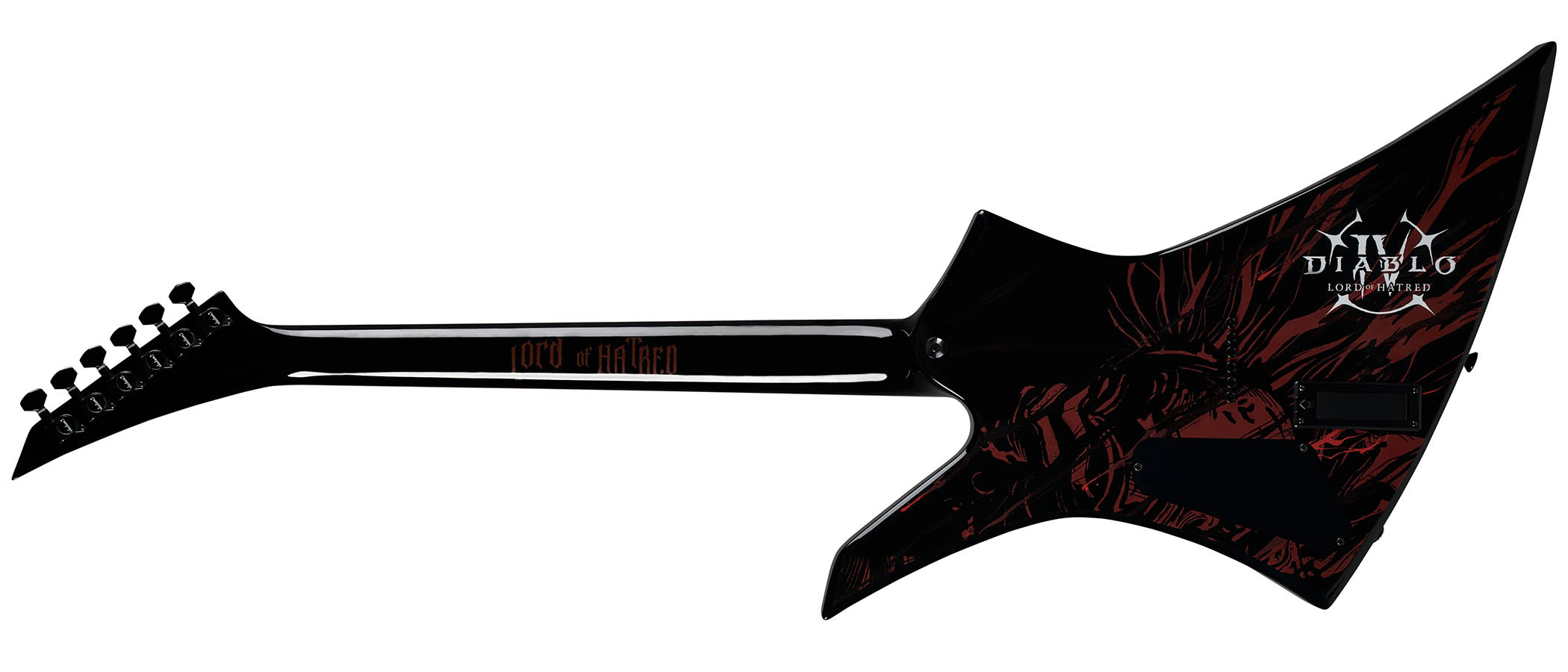 The Jackson X Series Diablo IV Kelly features graphic artwork of the videogame franchise's Mephisto