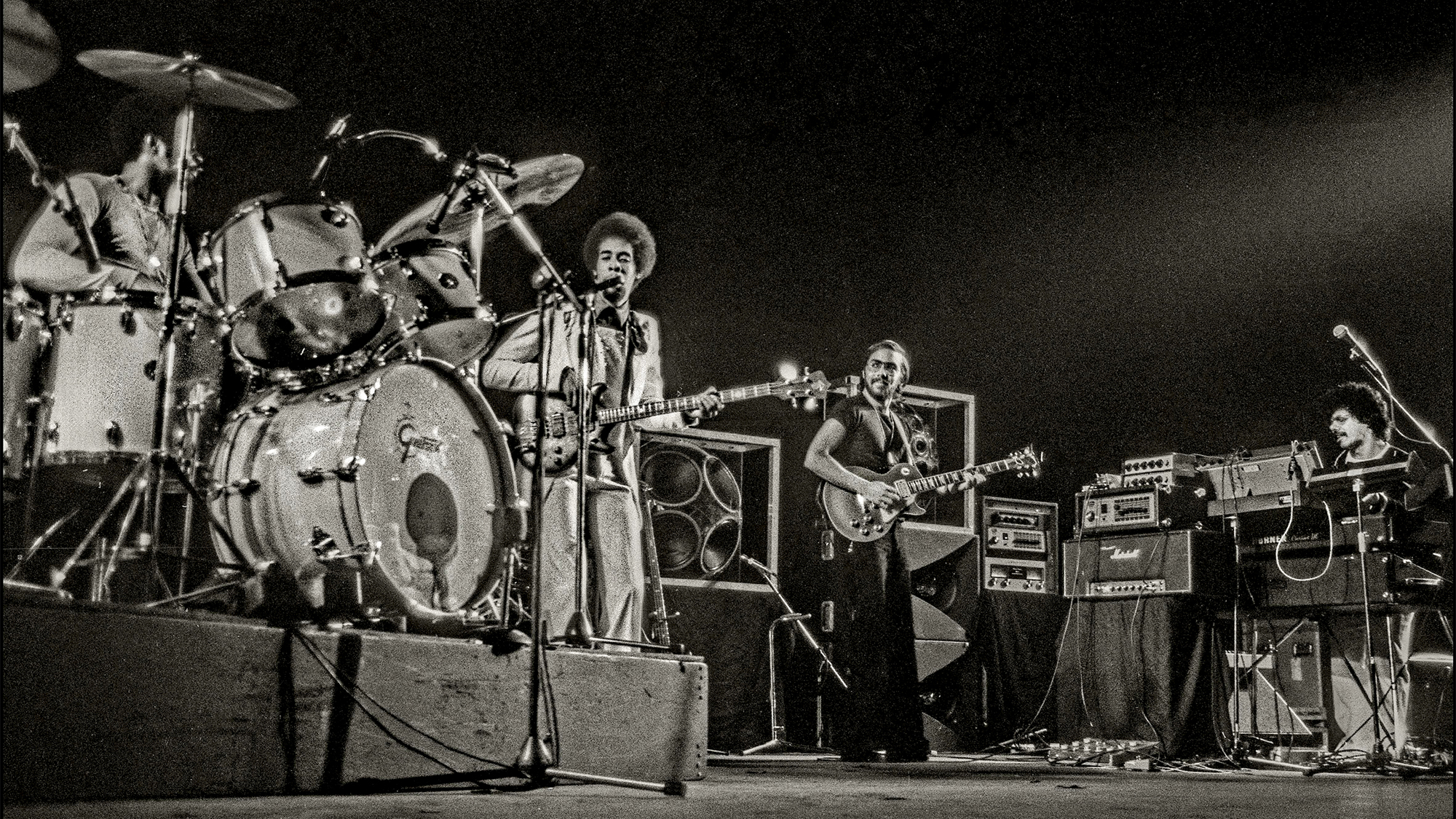 Return To Forever performing on stage, May 4, 1976, at the New Victoria Theatre in London. L-R Lenny White, Stanley Clarke, Al Di Meola, Chick Corea.