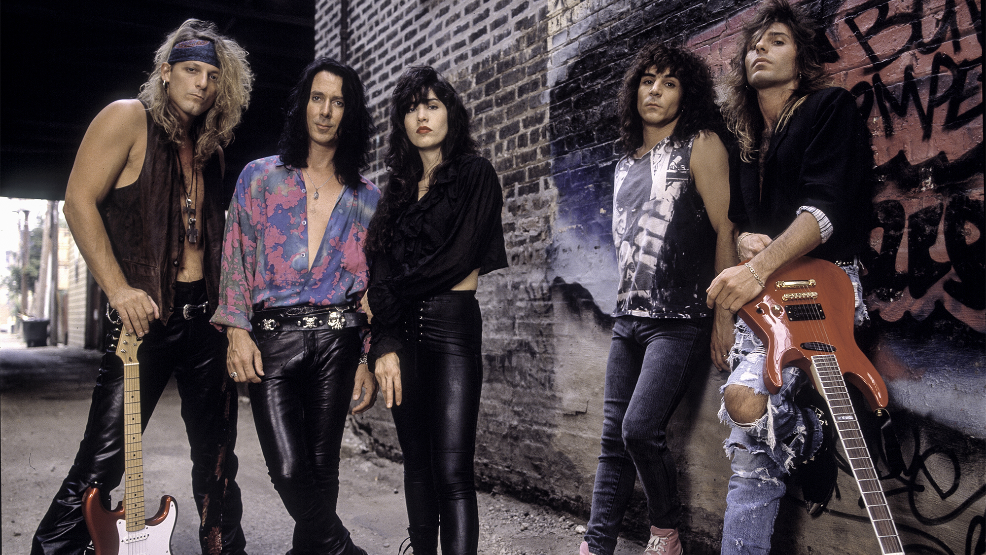 Portrait of the band Saraya, left to right, Tony Bruno, Barry Dunaway, Sandi Saraya, Chuck Bonfante, and Johnny Roggio at the Vic Theater in Chicago, Illinois, August 12, 1991.