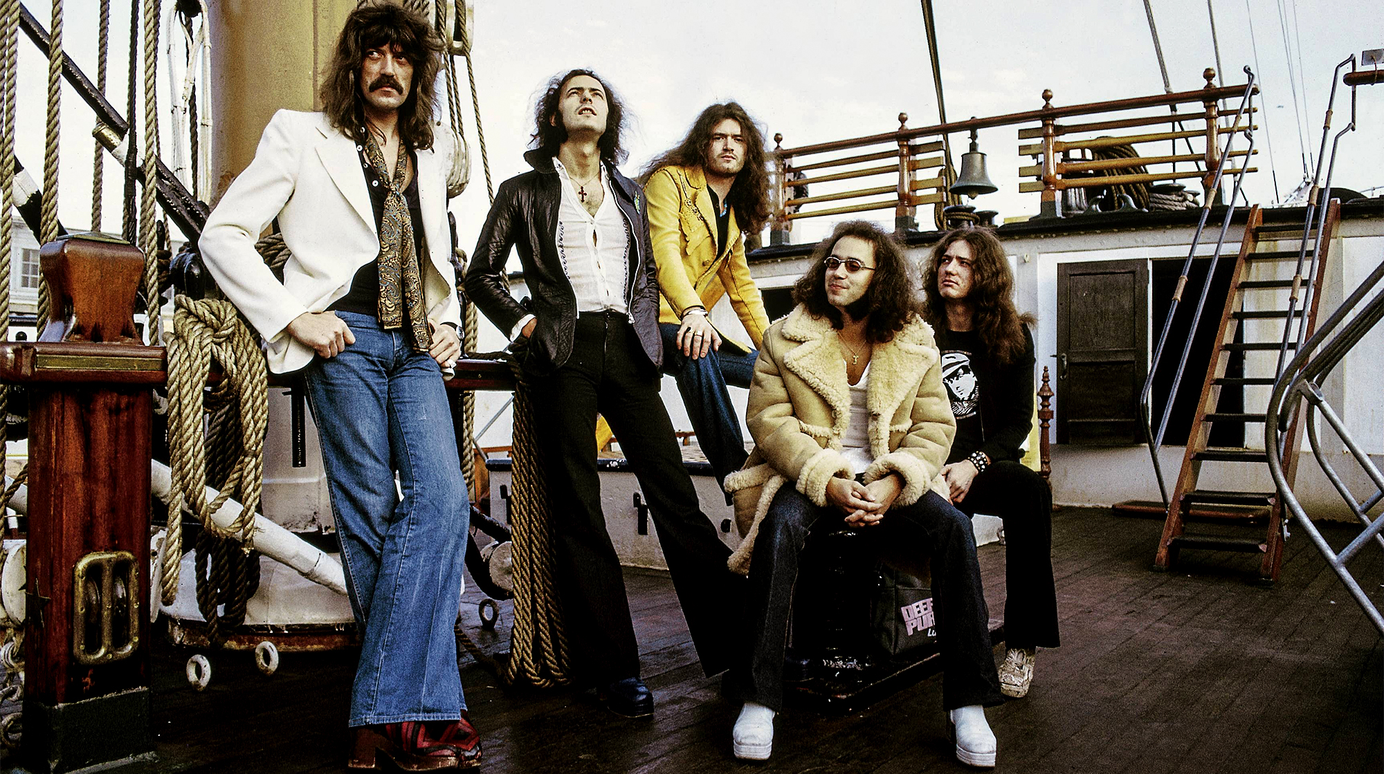Deep Purple pose in San Francisco on the ship Barraclotha, November 1974. (from left) Jon Lord, Ritchie Blackmore, Glenn Hughes, Ian Paice, David Coverdale