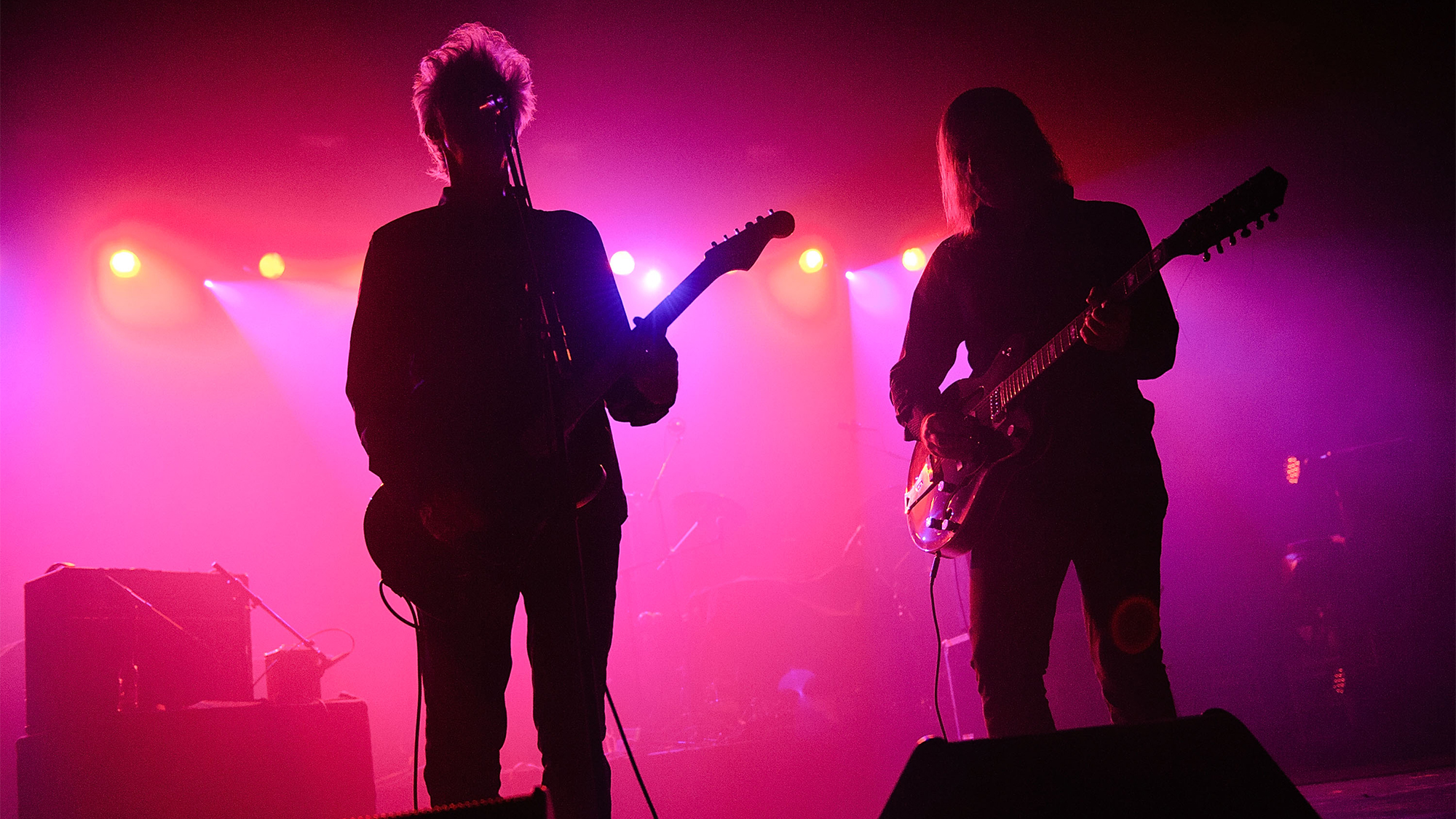 Jim Jarmusch (L) and Jozef Van Wissem of SQRL perform live on stage on Day 2 of ATP Iceland Festival on June 29, 2013 in Keflavik, Iceland.