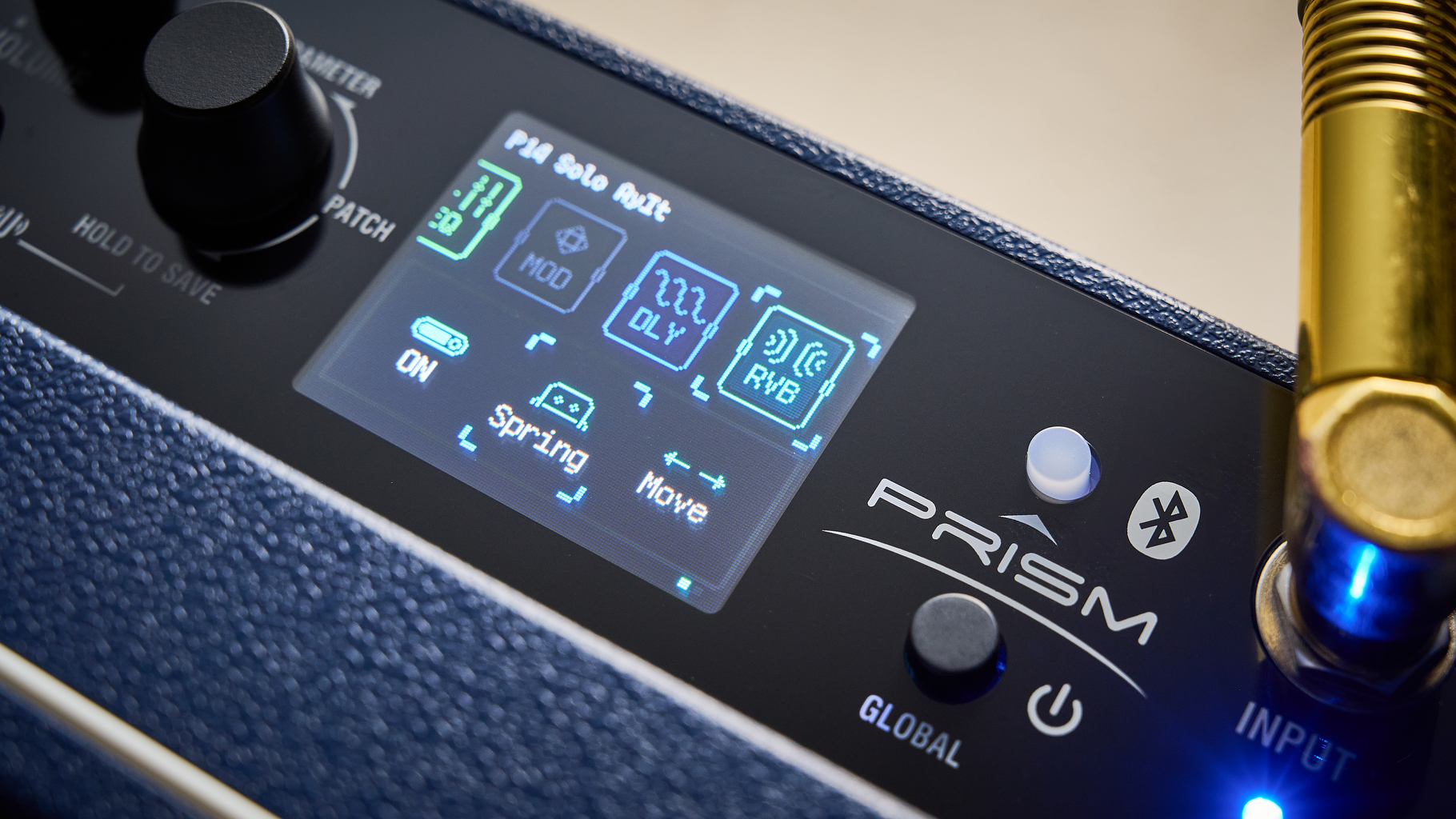 A close up of the screen on the Laney Prism Mini guitar amp