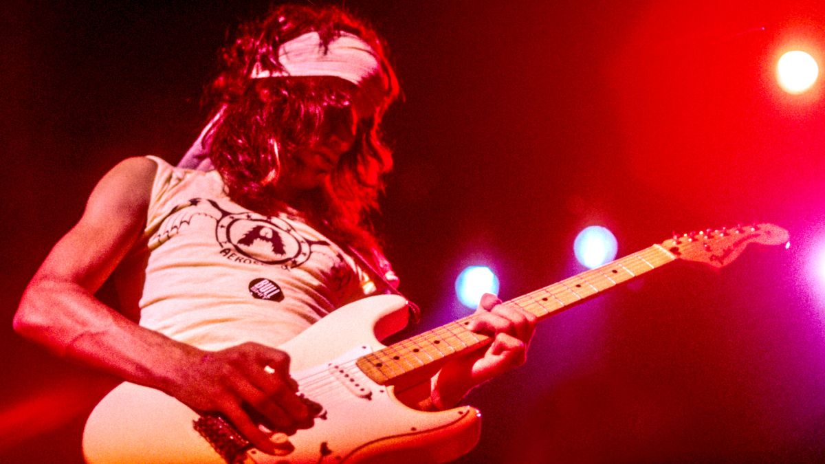 Joe Perry of rock group Aerosmith performing at The Orpheum Theater, Boston MA October 27, 1973
