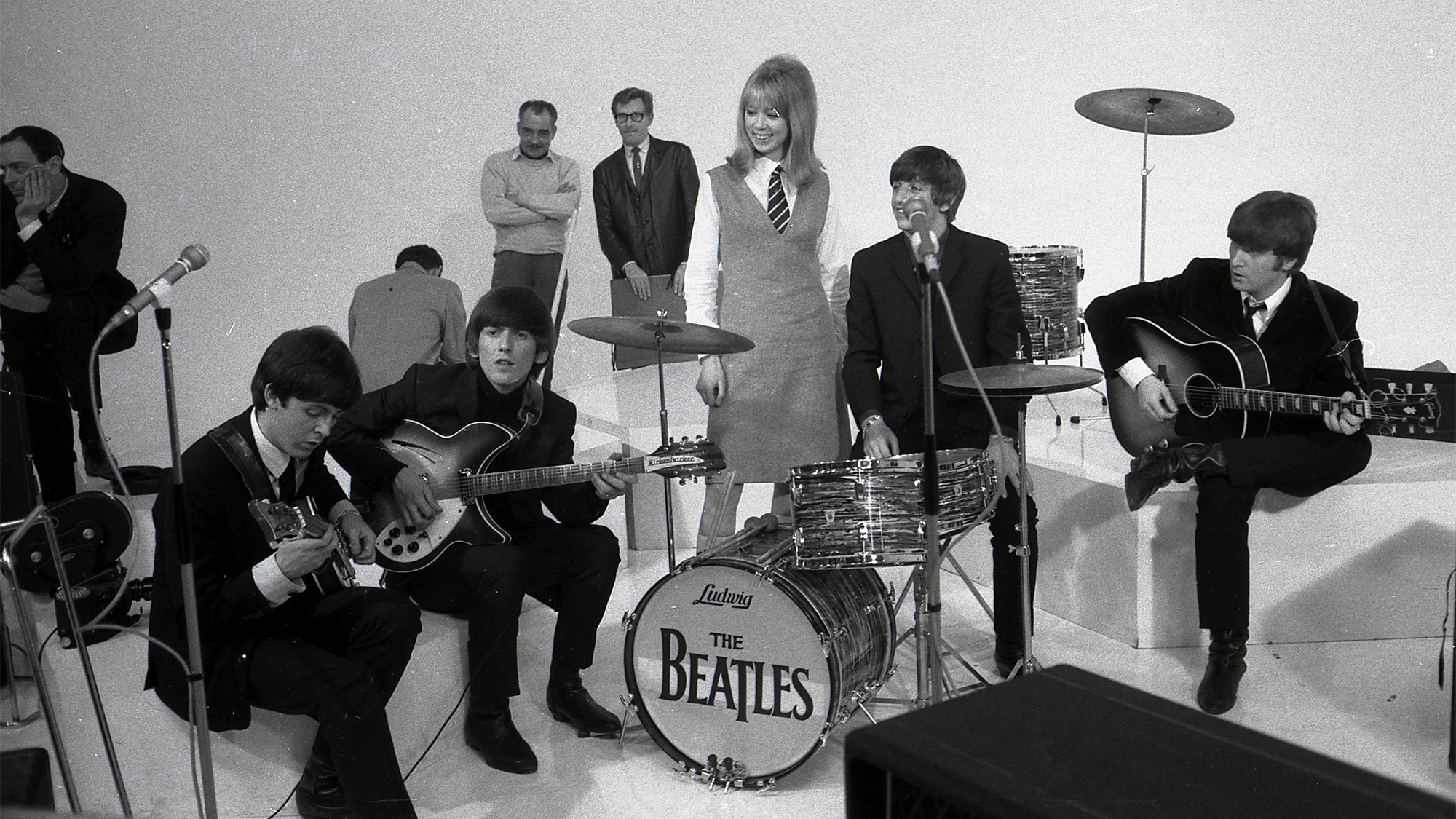 Paul McCartney, George Harrison, Patti Boyd, Ringo Starr, John Lennon during the filming of "A Hard Day's Night" at The Scala Theatre, 1964