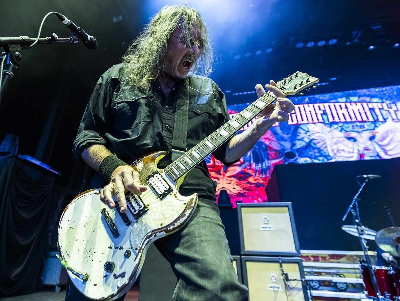 Woody Weatherman performs onstage with Corrosion of Conformity performs at the Pine Knob Music Theatre in Clarkston, Michigan on October 2, 2025