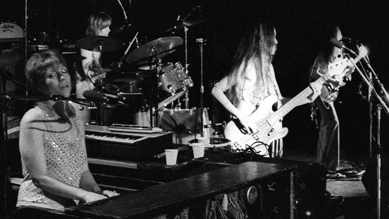 American all-female rock band Fanny performing on stage at City Hall, Newcastle upon Tyne, 30 May 1973. L-R Nickey Barclay, Alice de Buhr, Jean Millington and June Millington.