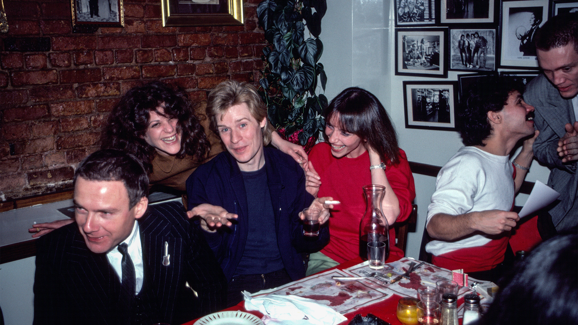 Hall and Oats afterparty at Supreme Macaroni, NYC, 12/12'79. (from left) Robert Fripp, Gilda Radner, Daryl Hall, Sara Allen, John Oates, &amp; G.E. Smith. Hall &amp; Oates played earlier at the Bottom Line.