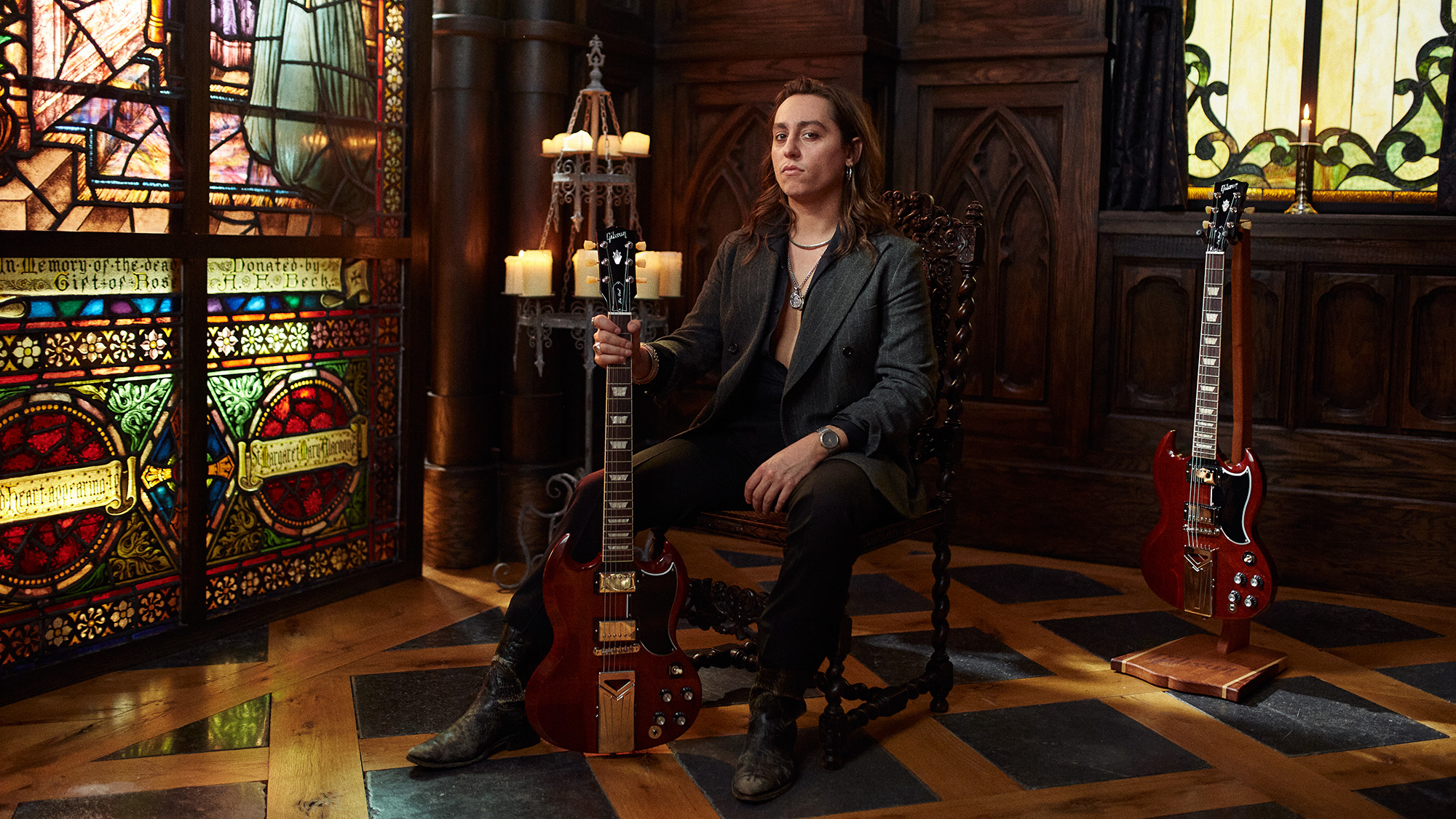 Jake Kiszka poses with his signature Gibson SG Standard