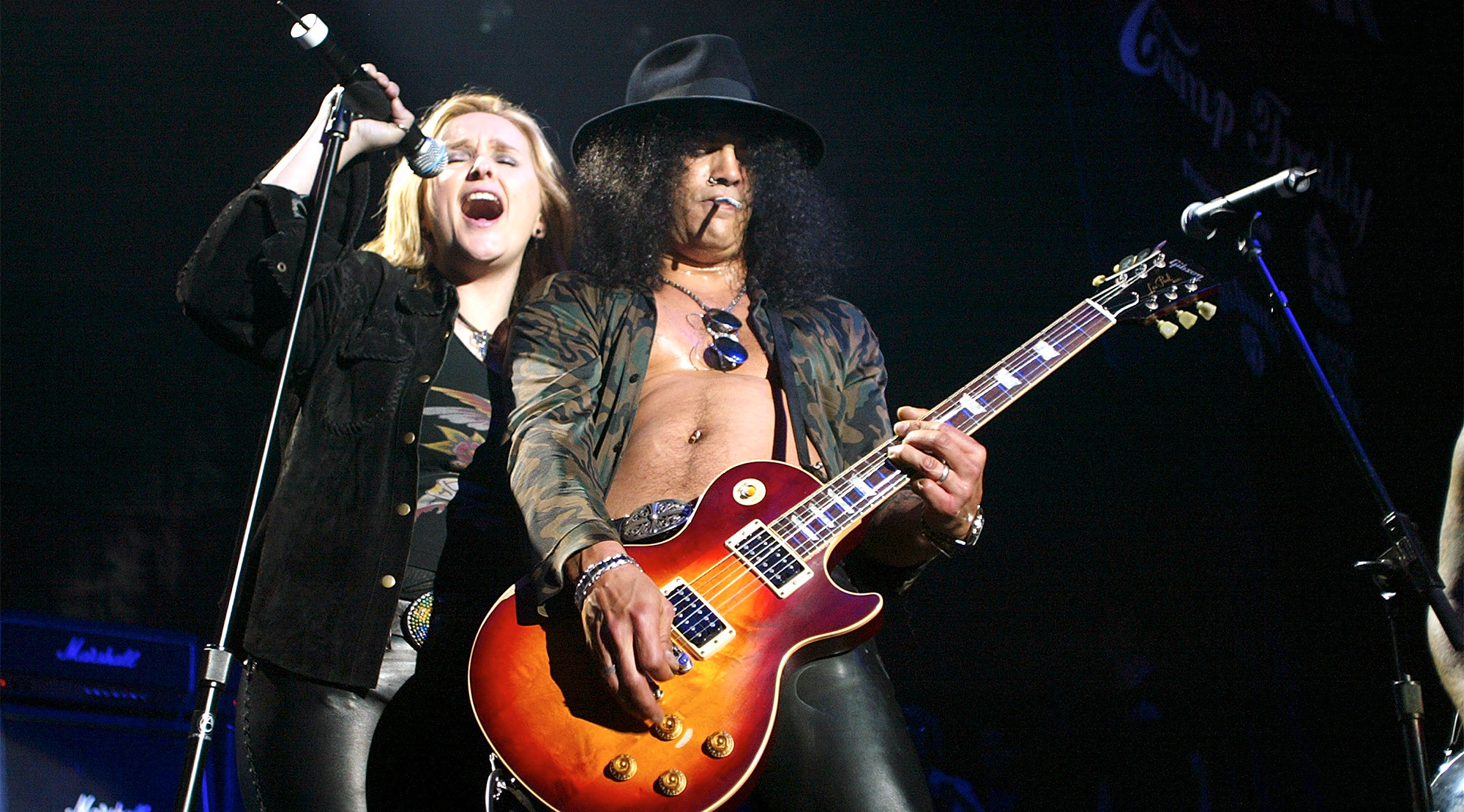 Singer Melissa Etheridge and guitarist Slash of Guns &amp; Roses perform with Camp Freddy during the 2003 Blender Rock the Vote Awards after-party at the Roseland Ballroom February 22, 2003 in New York City.