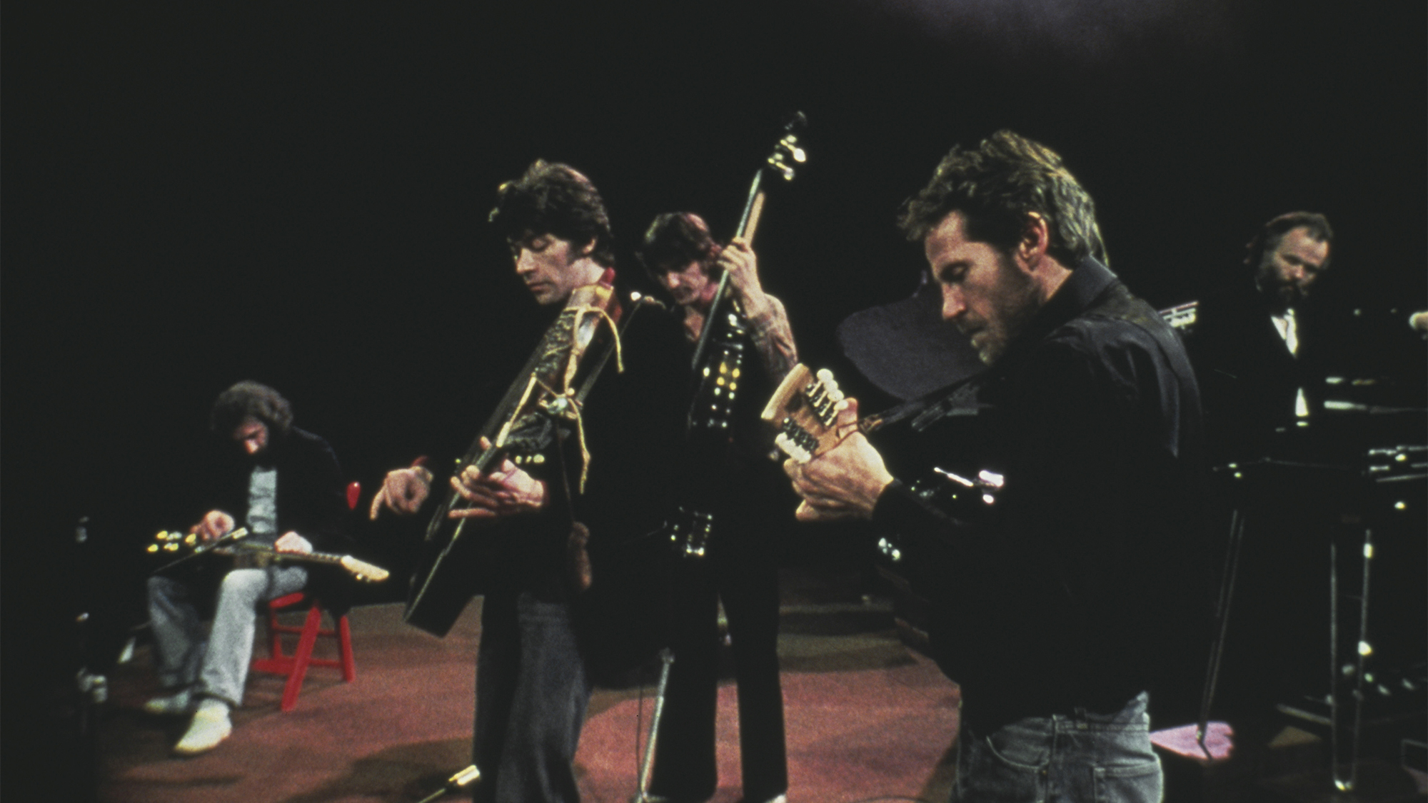 The Band performing at their farewell concert at the Winterland Ballroom in San Francisco, 25th November 1976. (from left) Richard Manuel, Robbie Robertson Rick Danko, Levon Helm, and Garth Hudson