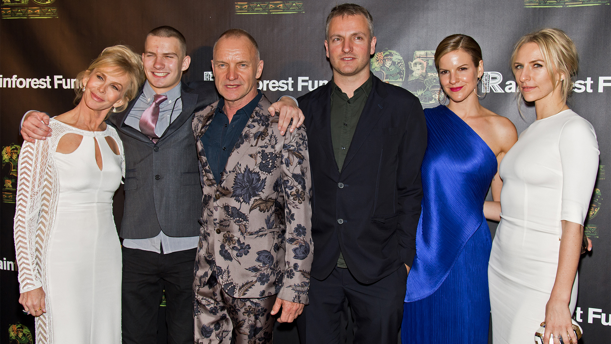 Sting poses with wife Trudie and their kids.(from left) Trudie Styler, Giacomo, Sting, Joseph, Fuschia and Mickey,at the after party for the 25th Anniversary concert for the Rainforest Fund, April 17, 2014, NYC