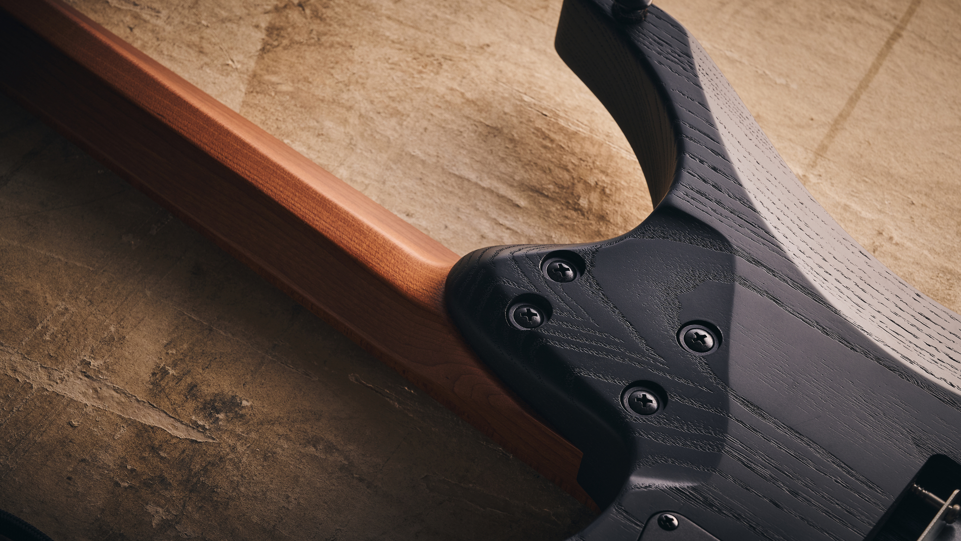 The neck joint and asymmetric EndurNeck profile of the Strandberg Boden Original N2.6T headless electric guitar