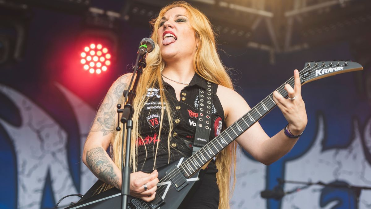 The metal guitar that Prika Amaral of Nervosa Trusts]