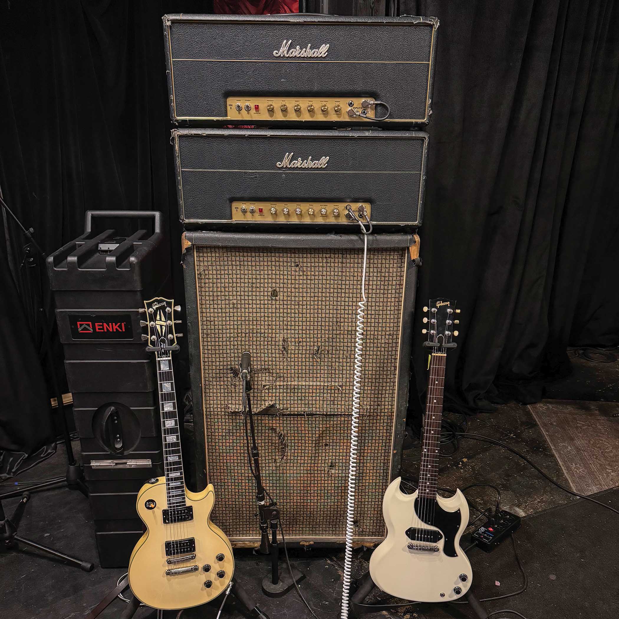 Luke Bentham&rsquo;s Gibson-and-Marshall rig includes a Les Paul Custom [left], SG Junior, and Seventies 8x10 cabinet