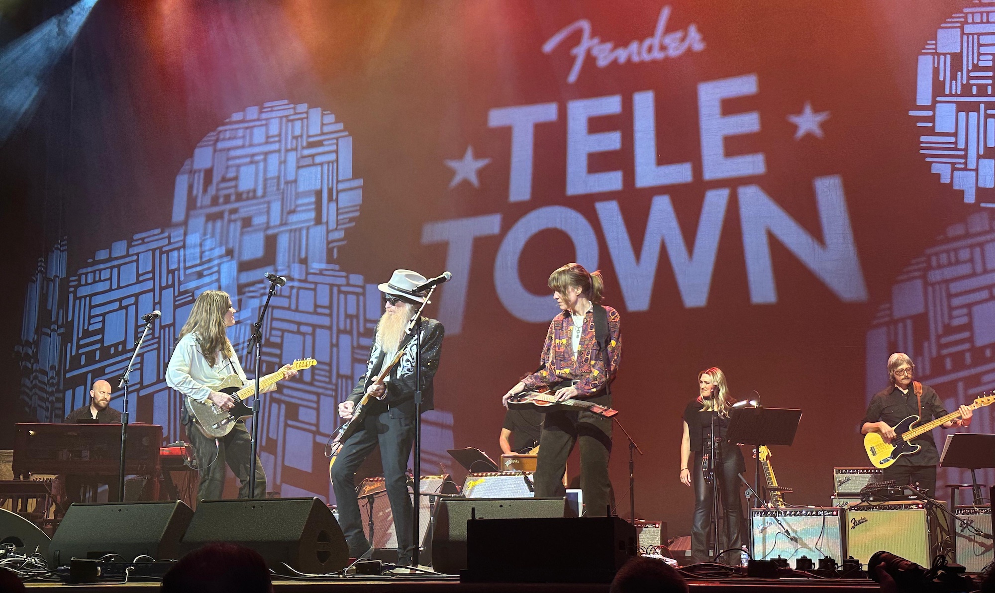 Larkin Poe perform onstage with Billy Gibbons (center) at the Tele Town concert at the Ryman Auditorium in Nashville, Tennessee on May 4, 2026