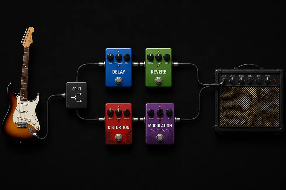 Electric guitar connected to various effects pedals and an amplifier on a dark background.