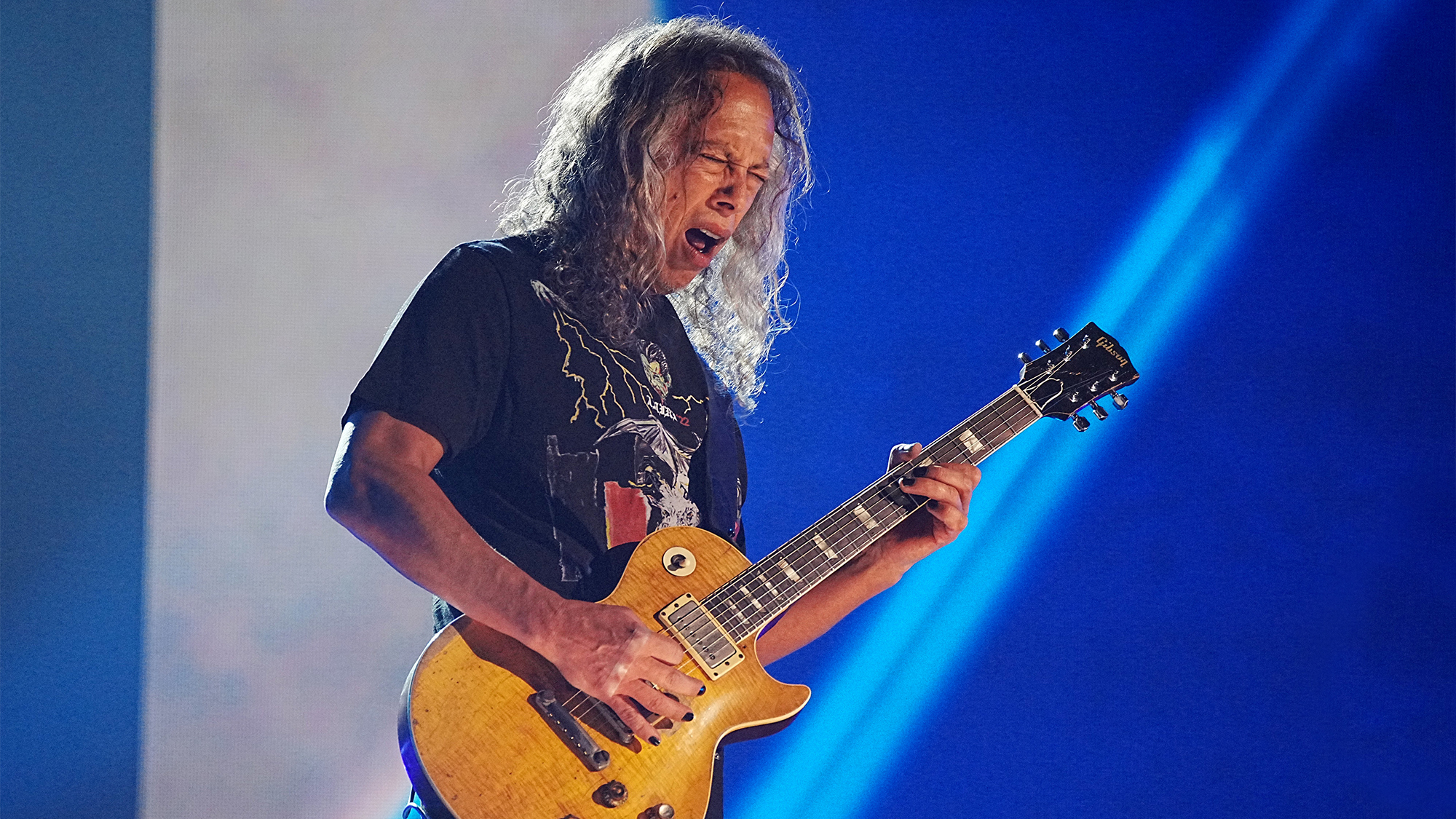 Kirk Hammett of Metallica performs with his Greeny Les Paul as Metallica Presents: The Helping Hands Concert (Paramount+) at Microsoft Theater on December 16, 2022 in Los Angeles.