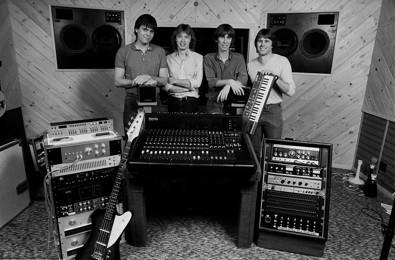 Shoes in the control room of their recording studio, Short Order Recorder, Winthrop Harbor, Illinois, March 16, 1983. Gary Klebe, Jeff Murphy, John Murphy, and Skip Meyer