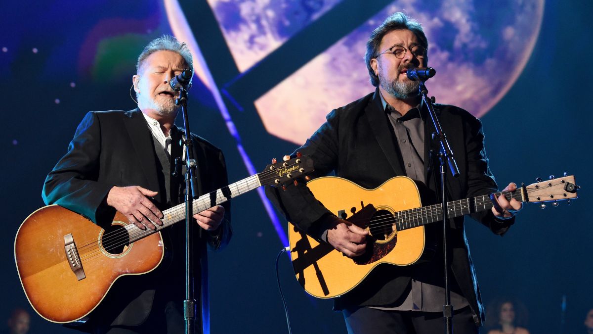 Don Henley (L) and Vince Gill perform onstage at the Los Angeles Convention Center in Los Angeles, California on February 8, 2019