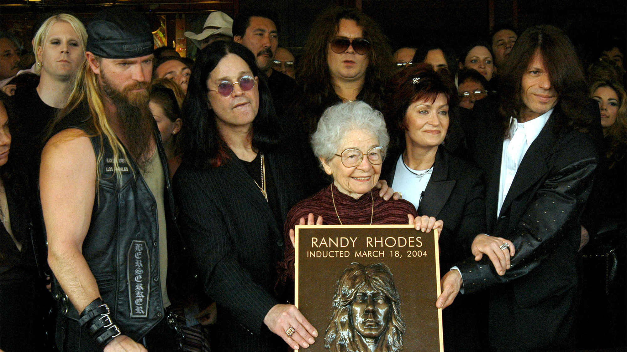 Guitarist Randy Rhoads Posthumously Inducted Into Hollywood's Rockwalk (from left) John 5, Zakk Wylde, Ozzy Osbourne, Delores Rhoads, Sharon Osbourne and Rudy Sarzo