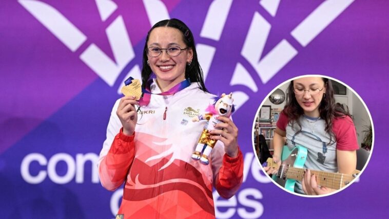Swimmer uses gold medal as a guitar pick for a Megadeth riff